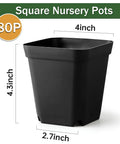 80 Pcs 4 Inch Nursery Pots With Drainage Holes Plastic Seed Starter Pots, black, square design, dimensions 4x4.3x2.7 inches.