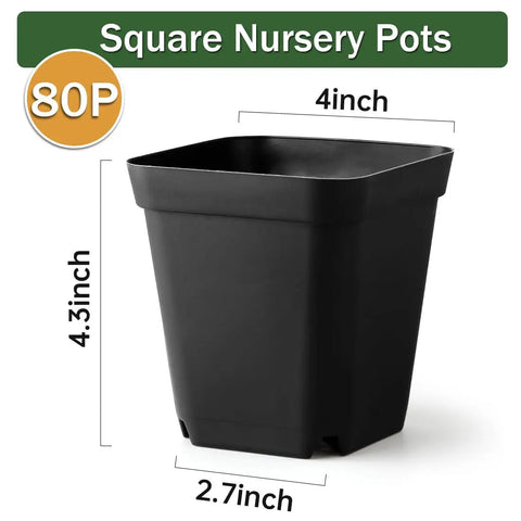 80 Pcs 4 Inch Nursery Pots With Drainage Holes Plastic Seed Starter Pots, black, square design, dimensions 4x4.3x2.7 inches.