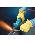 Heavy Duty 4 1/2 Inch Right Angle Grinder With 1.3 Horsepower Motor And 12000 Rpm Speed grinding metal with sparks flying.
