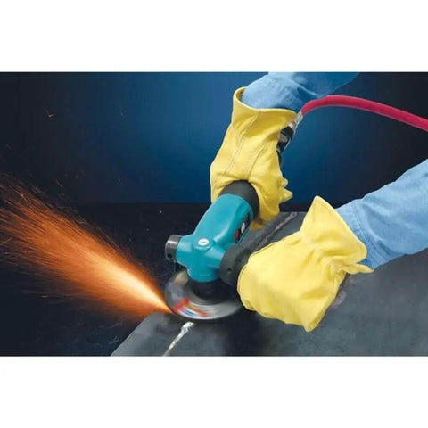 Heavy Duty 4 1/2 Inch Right Angle Grinder With 1.3 Horsepower Motor And 12000 Rpm Speed grinding metal with sparks flying.