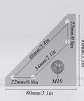 Detailed measurements of triangular metal bracket with holes and screw, showing dimensions in millimeters and inches.