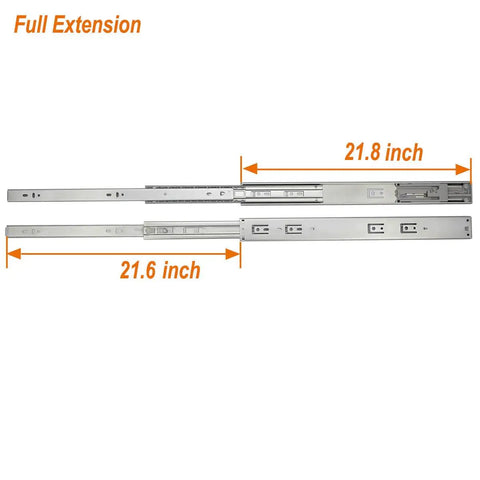 22 Inch Full Extension Drawer Slides With Ball Bearing Rollers, Heavy Duty Side Mount, 100 Lb Capacity, showing 21.8 inch slide