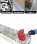 Six Piece Non Woven Abrasive Buffing And Polishing Wheel Drill Attachment Set demonstrating metal polishing with red pad