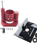 Rock Solid Router Table Lift System With Smooth One Point Eight Inch Travel Premium Aluminum And Stainless Steel Mounting Plate Upgrade For Woodworking Router Bases Black And Red Kit components including mounting plate and height adjustment.