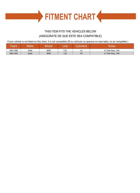 Fitment chart listing compatible Saab 9000 models and specifications for Replacement Electric Fuel Pump In Tank Assembly Fits Saab Rigs.