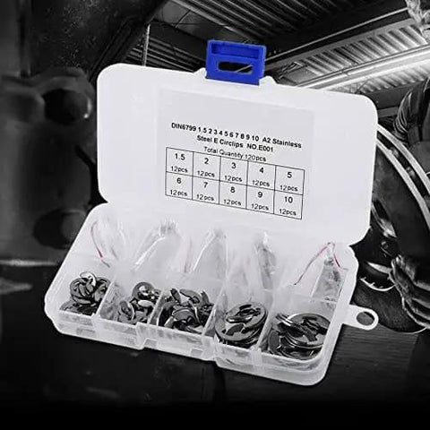 120Pcs 10 Size 304 Stainless Steel E Clip Assortment Kit With External Retaining Snap Rings Circlips For 1.5 To 10 Mm In Durable Plastic Storage Box Pro Grade Shop Must Have