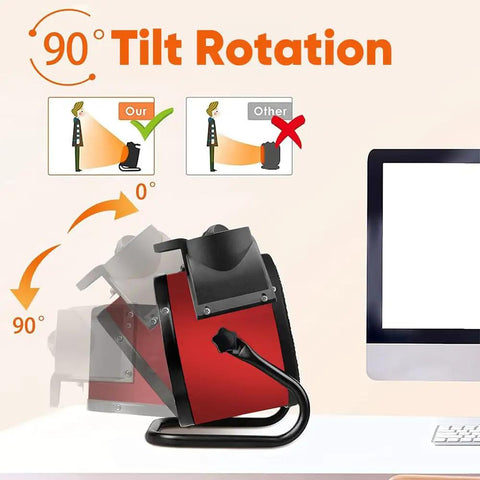 Space Heater 1500W PTC Cranks Out Fast Heat With 90 Degree Adjustable Angle, 6M Heat Throw, Stable Base For Indoor Use shown tilted.