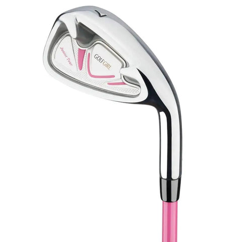 Pink Girls Junior Golf Set V3 With Left Hand Clubs And Bag For Ages 4 To 7 Includes 15 Degree Driver With Oversized Head And Sweetspot, Cavity Back Irons 7 And 9, Plus Headcover - close-up of the cavity back iron 7 with pink accents.