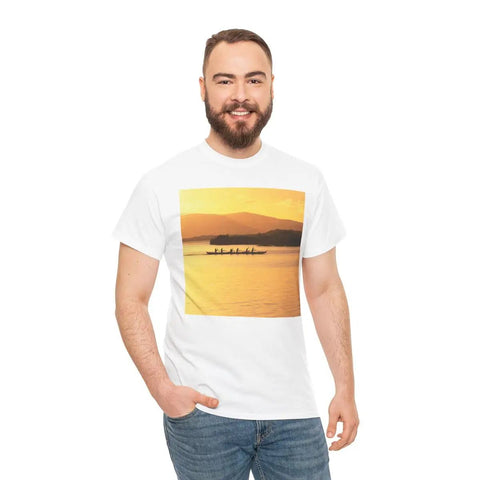 Man wearing Outrigger Canoe Sunset Molokai Hawaii Tee Unisex Heavy Cotton Shirt White Size Large With Relaxed Fit, front view.