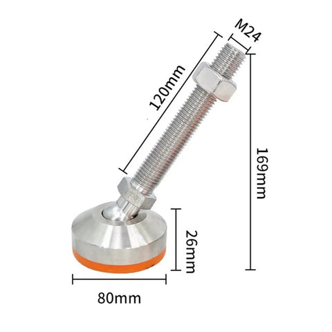 Rock Solid Boss Tier Leveling Screws Featuring Dead Nuts 304 Stainless Steel Swivel Pads with dimensions 80mm base and M24 thread.
