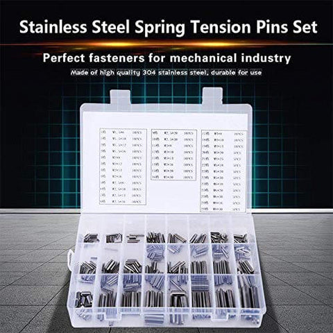 280 Piece Stainless Steel Slotted Spring Pin Kit With Box Pro Grade Dowel Tension Roll Pins In Silver Finish shown in open storage box