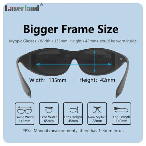 Hardcore Laser Safety Glasses With OD4 Optical Density And Heavy Duty Blocking For Fiber Yag Dpss Engraving Industrial Eye Gear, showing two-dimensional size specs.