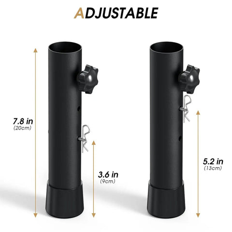 Two adjustable heavy duty table risers showing height settings of 3.6 in and 5.23 in for leveling furniture legs.