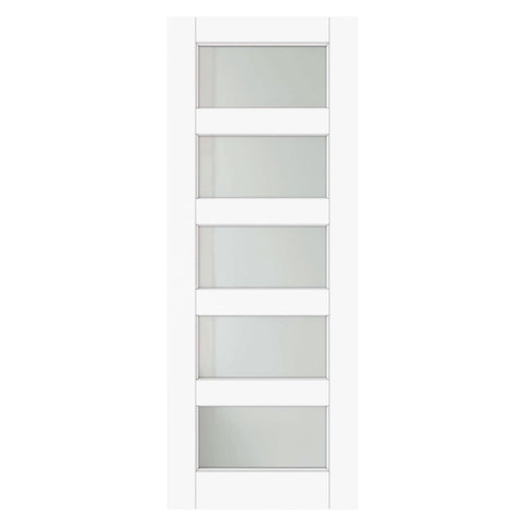 Front view of a 30 By 80 Inch Slab Door, Five Lite Tempered Frosted Glass Interior Door With MDF Core And Water Resistant PVC Surface, French Style For Bathroom