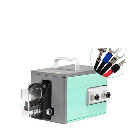 Heavy Duty Pneumatic Crimping Pliers For Quick Cold Press Terminals Compact Desktop Mini Crimper with side view showing terminal connections.
