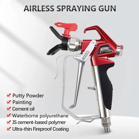 Heavy Duty Airless Paint Spray Gun With Reversible 517 Tip And Universal Swivel Joint For Big Time Finishes Zero Sweat Setup And Pro Workhorse 4000 Psi Performance from a side angle showing the trigger and nozzle.