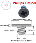 Premium 10 Pack M2.5 X 6.0mm Phillips Flat Head Replacement Screws For Dell HP Asus Lenovo Acer Laptops showing dimensions and details.