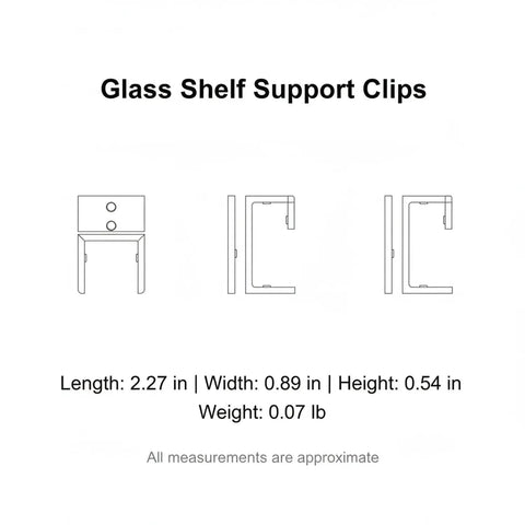 Diagram of Rock-Solid Glass Shelf Clips, Aluminum Alloy Mounting Hardware with dimensions for cabinet displays.