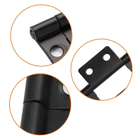 Detail view of Eight Piece Set Of Two Inch Non Mortise Door Hinges Rock Solid Iron Construction Smooth Bifold Glide Rust Proof Black Finish.