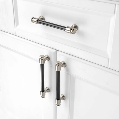 10 Pack 5 Inch Black And Nickel Cabinet Pulls Matte Black And Brushed Nickel Cabinet Handles installed on white cabinets