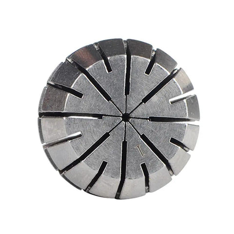 Close-up of Top Notch Precision Spring Collet Chuck Set for CNC Milling and Engraving Machines ER11-ER32, steel material, round slots visible.