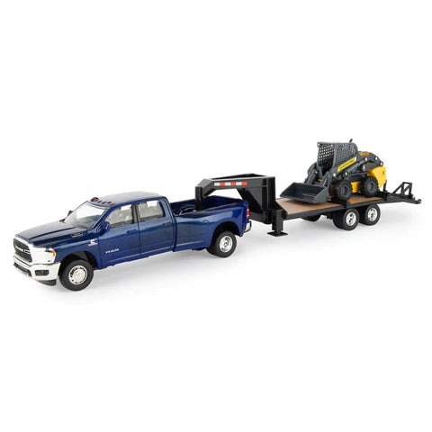 1/32 Scale Ram 3500 Dually Quad Cab With Lowboy Trailer And New Holland L230 Skid Steer Farm Toy Set For Realistic Hauling Action