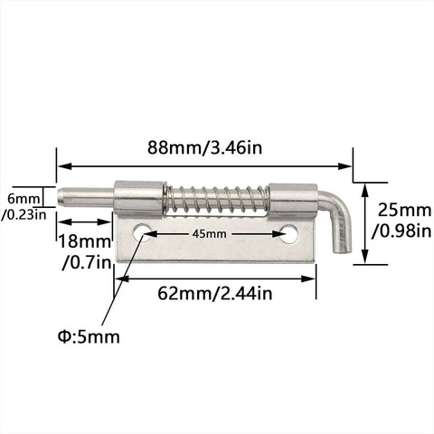 Flat Pin Spring Latch Set 2 Pack 304 Stainless Steel 50x25mm with dimensions visible, rustproof hardware for cabinets.