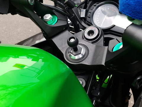 Moto Mount Ninja 12mm Hex Fork Stem Base with 1 Inch TPU Ball Adapter installed on Kawasaki motorcycle