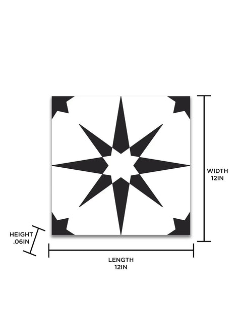 White and black peel and stick vinyl floor tile 12 by 12 inches pack of 10, quilted star design with no grout needed