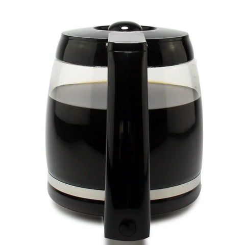 Front view of 12 Cup Replacement Glass Carafe For A Bunch Of Popular Coffee Makers Fits CHW 12 CHW 12P1 sleek black handle