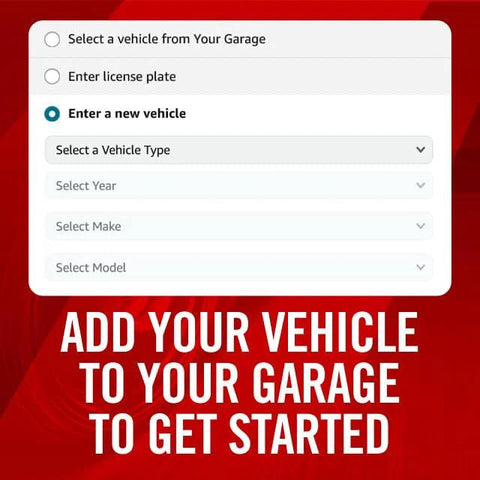 UI screen to add a vehicle: red background with a white modal and dropdowns for Vehicle Type, Year, Make, Model.