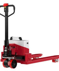 Heavy Duty Electric Pallet Jack With 6600 Lbs Capacity Featuring A Tough Alloy Frame, Silent Polyurethane Wheels For Warehouse Slips, Lithium Powered Truck With Multi Action Handle And Turtle Walk Speed, side view with red accents.