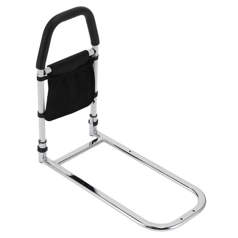 Senior Bed Rails Guard with Storage Bag for Easy In and Out of Bed, sturdy carbon steel frame with slip handles, tool-free assembly.