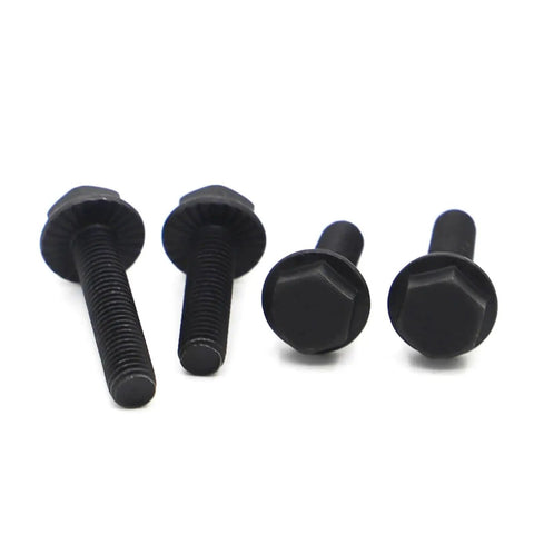 Heavy Duty Hex Flange Bolt Screws, Ironclad Grade 10.9 Fasteners With No Drama Installation, set of black bolts with smooth heads.