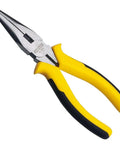 Close-up of 6-inch bi-material long nose pliers with slip-resistant handle and drop-forged steel build, angled view.
