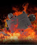 Heavy Duty Waterproof Electrical Junction Box Ip68 Rated Outdoor Cable Management Hub With Quad M20 Grommets For Wiring Jobs 4 To 12 Millimeter Diameter Black Housing on fiery background.