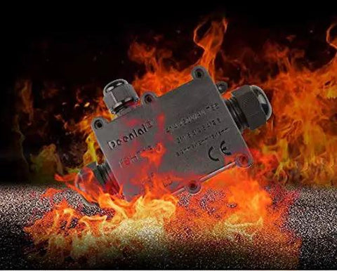Heavy Duty Waterproof Electrical Junction Box Ip68 Rated Outdoor Cable Management Hub With Quad M20 Grommets For Wiring Jobs 4 To 12 Millimeter Diameter Black Housing on fiery background.