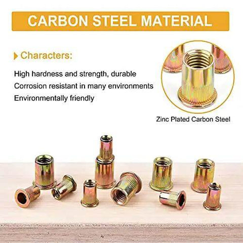 Rivet Nuts Set For DIYers 150 Pcs Carbon Steel With Yellow Zinc Finish displayed on a wooden surface showing variety in size and design