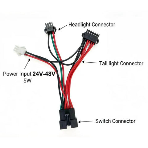 Ride-Ready Electric Bicycle Light Kit With Turn Signals connectors for headlight, taillight, switch, 24V-48V compatibility.