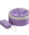 Portable Mini Washing Machine With USB Rechargeable Cordless Setup For Dorm And Travel Featuring Dual Turbine Agitator and Suction Base, purple design.