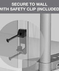Built Tough 42 Inch Plastic Resin Four Tier Shelving Rack showing included safety clip for secure wall attachment