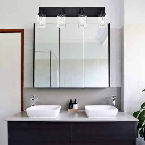 4 Light Black Vanity Lights Over Mirror With Seeded Glass Shades Sleek Modern Wall Mount Bath Fixture For Bedroom Kitchen