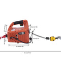 Heavy Duty Electric Hoist Winch 3 In 1 For Cranes With Massive 1100 Lbs Load Capacity And Pure Copper Motor side view with dimensions.