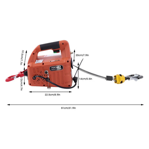 Heavy Duty Electric Hoist Winch 3 In 1 For Cranes With Massive 1100 Lbs Load Capacity And Pure Copper Motor side view with dimensions.