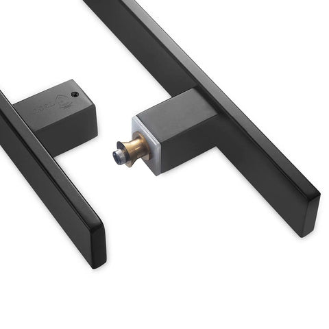 Close-up of 36 Inch Solid Stainless Steel Push Pull Door Handle With Solid Standoffs Built To Last For Barn Doors And Glass Panels, Heavy Duty Commercial Grade 304 Matte Black Finish