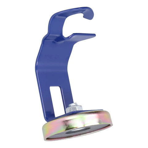 Heavy Duty Magnetic Welding Torch Holder With Secure Buckle Alloy Steel Base, blue hook design with strong magnet base.