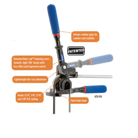 Triple Head 180 Degree Tube Bender With Roto Lok Indexing Handle featuring deluxe grips and lightweight die-cast aluminum parts.