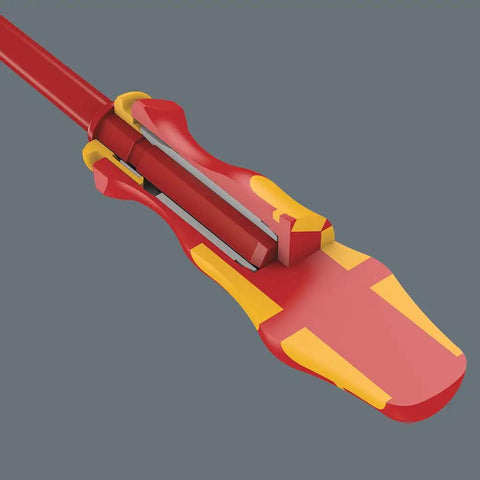Close-up of Kraftform Kompakt VDE Insulated Blade Set handle showing anti-roll design and blade attachment mechanism.