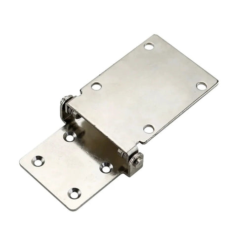 Industrial high-torque damping hinge, metal chrome finish, front view with mounting plate and screw holes