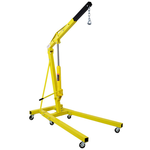 Heavy Duty 2 Ton Folding Engine Hoist And Shop Crane Cherry Picker with yellow frame and swivel caster wheels.